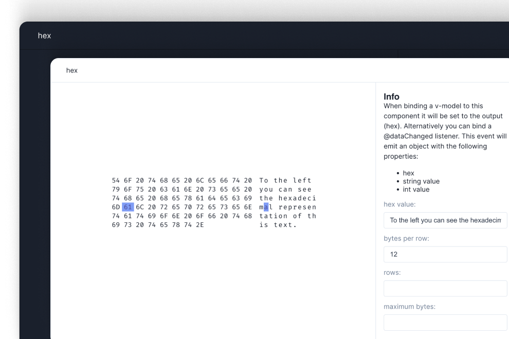 A screenshot of the UI kit's HEX editor, displaying a code editor with syntax highlighting and various editing tools
