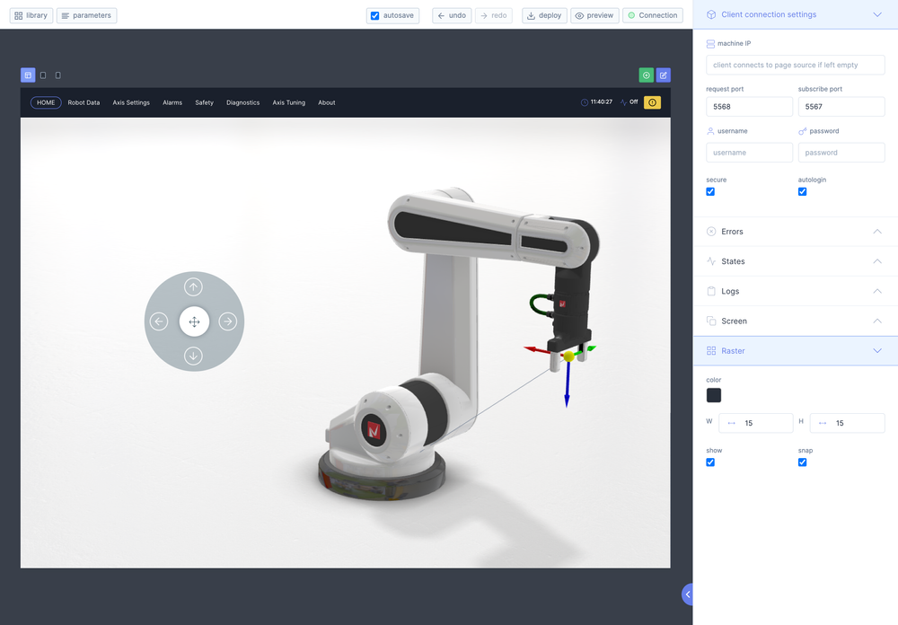 Screenshot of the robot control system GUI