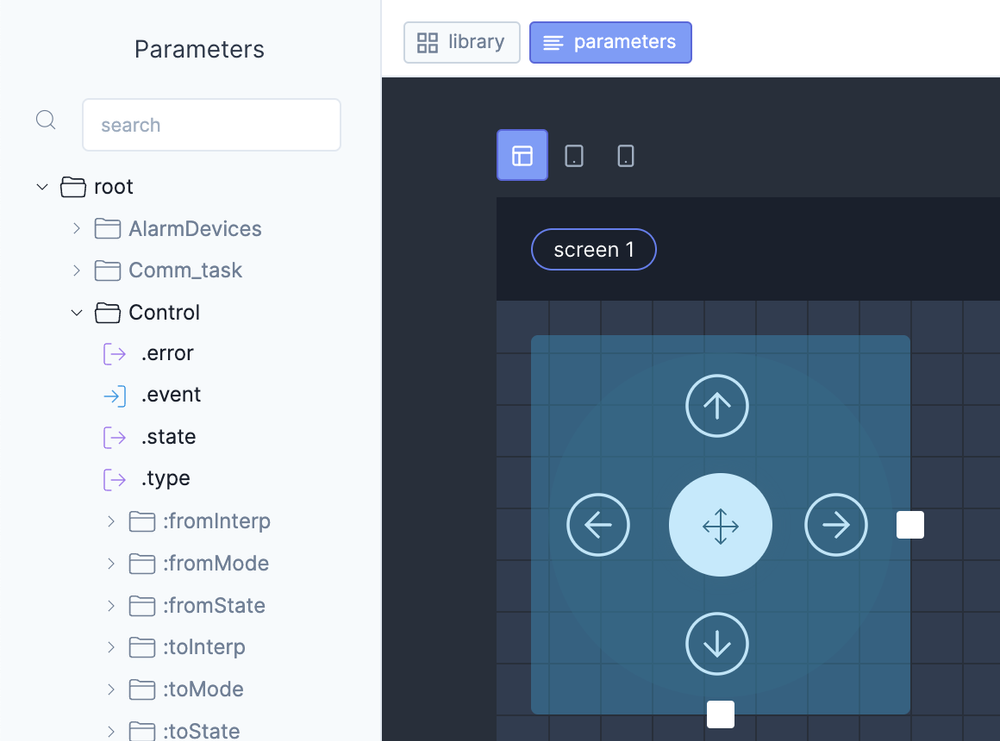 A screenshot of the data path configuration options in Vectioneer's interface builder, showing the ability to link widgets to real-time data paths.